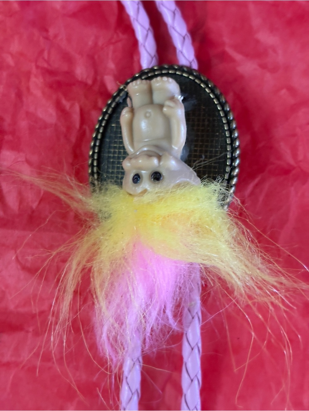 Kids Troll Bolo Tie Necklace with Pink and Yellow Hair Accent